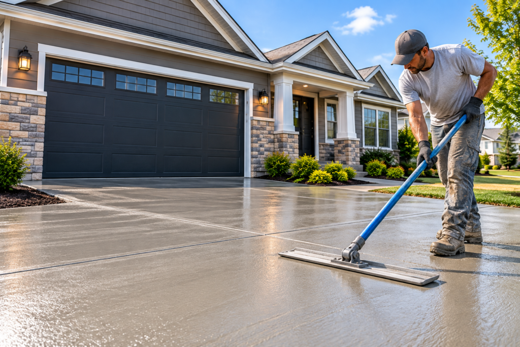 Worker smoothing fresh concrete for a new slab, where color can be planned from the start