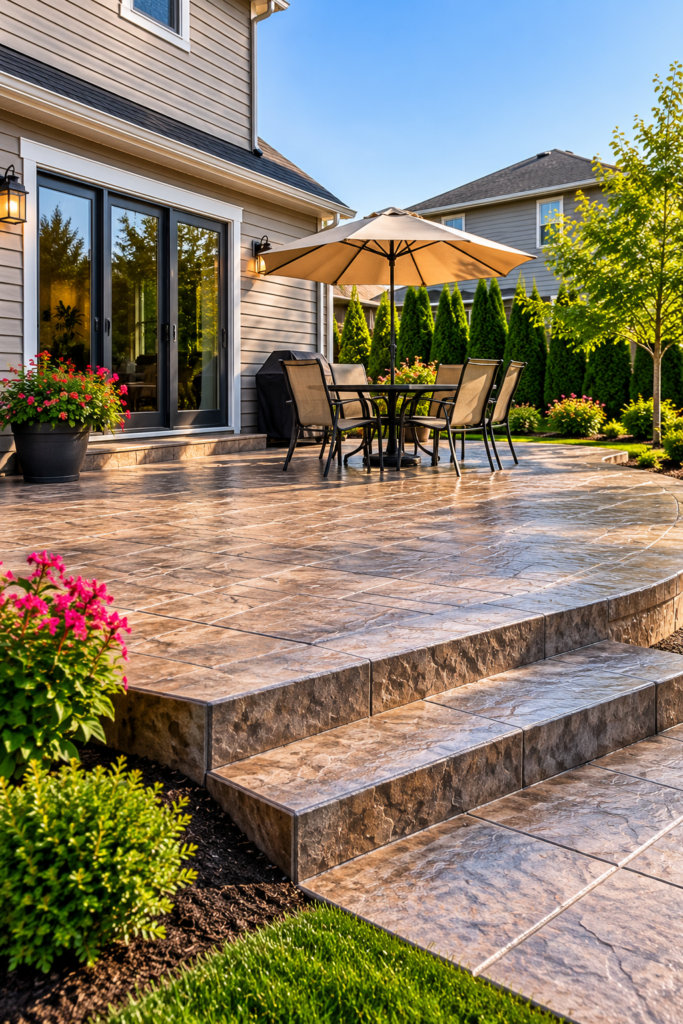 Concrete patio with steps, the kind of outdoor slab where settled sections may sometimes be leveled