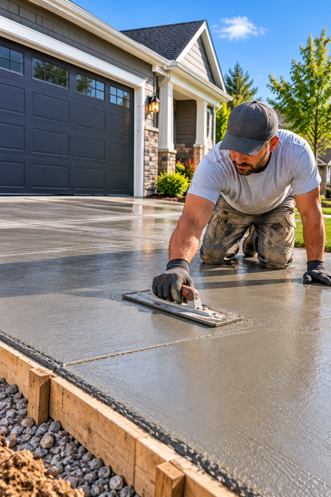 Worker finishing a driveway slab beside a garage; the ground below a slab affects whether it stays level