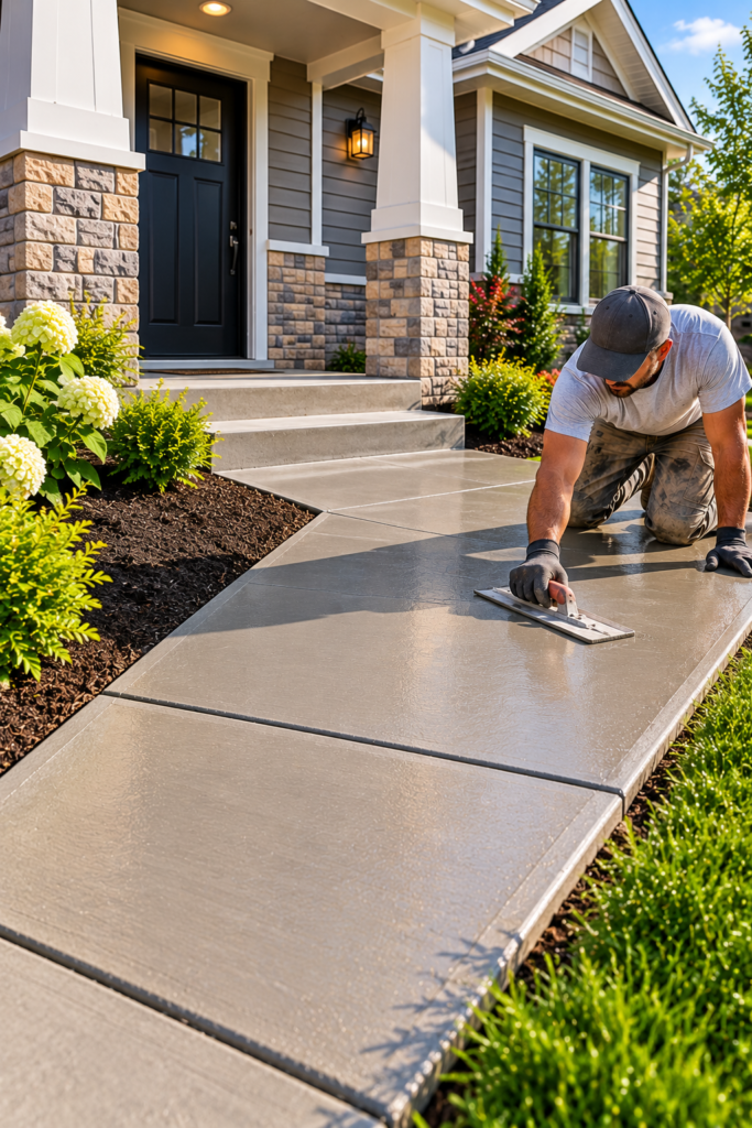 Worker troweling a new concrete walkway, as done when replacement is chosen over leveling